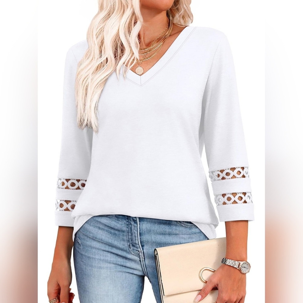 Women's Full Size White V-Neck Top with Lace Sleeves - Picture 1 of 7